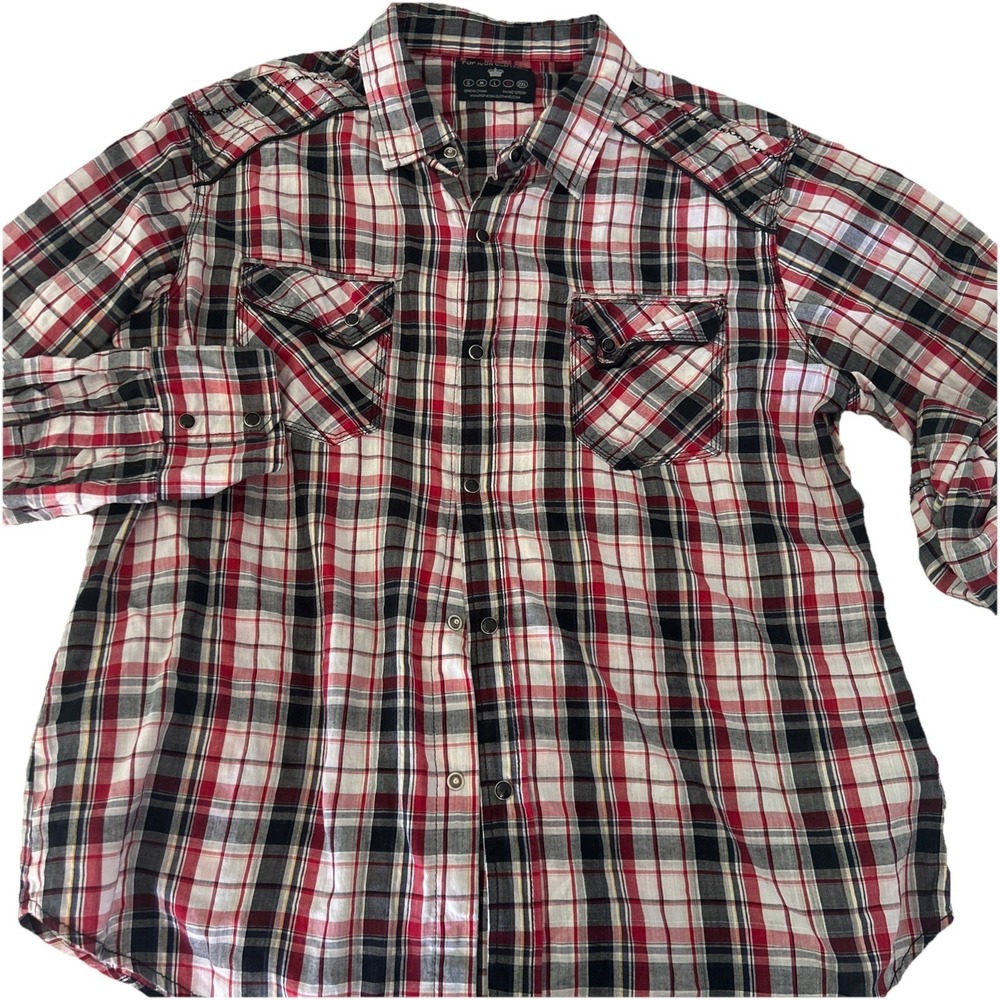 Pop Icon Western Black‎ Snap Button Shirt Casual Plaid Long Sleeve Mens Size XL